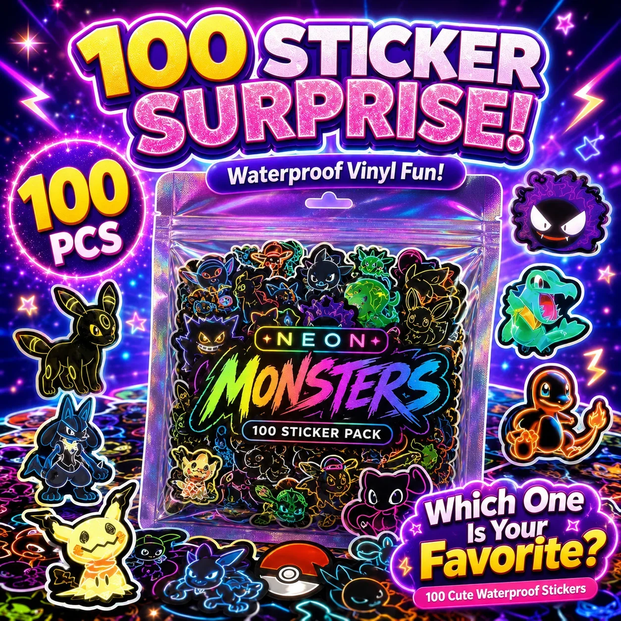 Luggage - 100 sztuk neonowych naklejek Pokémon, wodoodporne,
